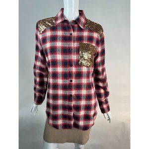 E2 Plaid and Sequin Western Styled Shirt M Red Blue Cotton Vintage